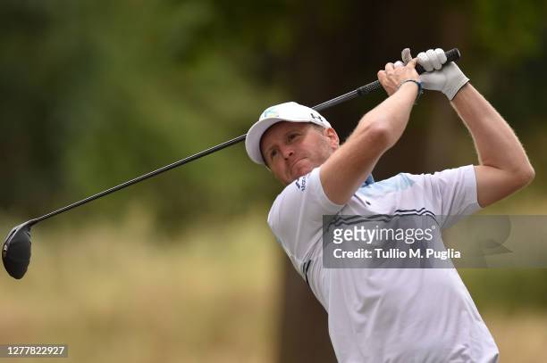 Matt Ford of England plays his tee shot on the 18th hole during day one of the Italian Challenge Open Eneos Motor Oil at Golf Club Castelconturbia on...