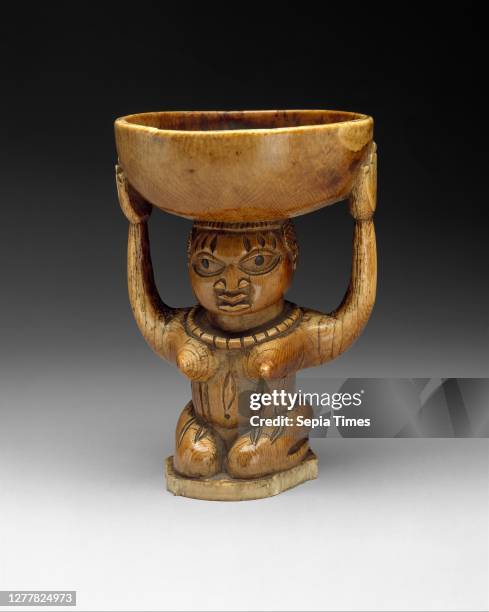 Ifa Divination Vessel: Female Caryatid , Yoruba peoples, Owo group, 17th–19th century, Nigeria, Yoruba peoples, Owo group, Ivory, wood or coconut...