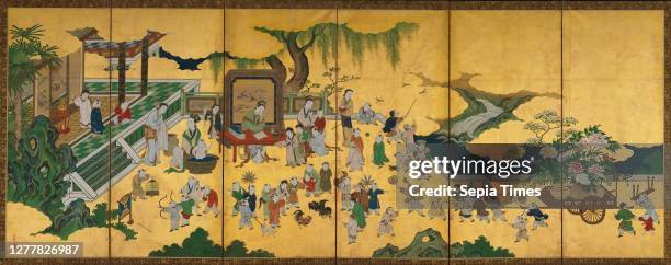 Kano Einō, One Hundred Boys, Japan, Edo period , Kano Einō , 17th century, Japan, Pair of six-panel folding screens; ink, color, and gold on paper,...