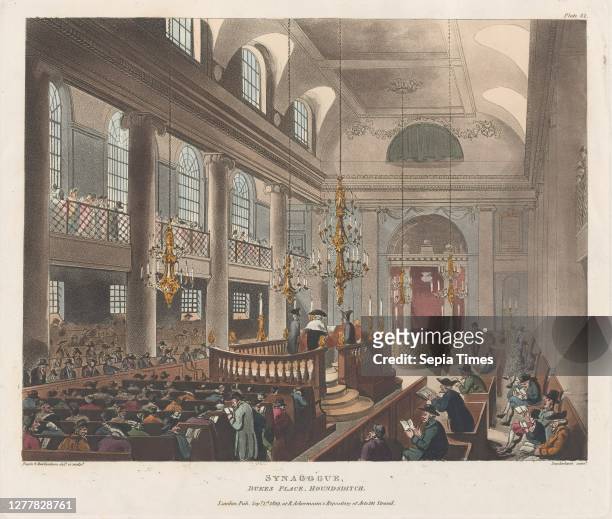 Designed and etched by Thomas Rowlandson, Synagogue, Microcosm of London, pl. 82, Designed and etched by Thomas Rowlandson , Designed and etched by...