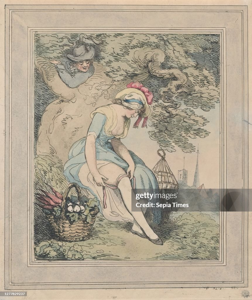 Thomas Rowlandson, Girl with a Basket and Birdcage Adjusting Her Garter, After (?) Francis Wheatley (British, London 1747–1801 London), 1785–95, Hand-colored etching, Sheet: 11 1/4 × 8 15/16 in. (28.5 × 22.7 cm), Prints