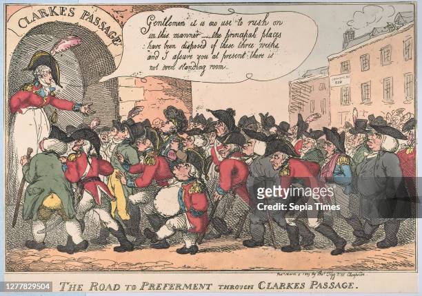 Thomas Rowlandson, The Road to Preferment Through Clarke's Passage, Thomas Rowlandson , Mary Anne Clarke , March 5 Hand-colored etching, Sheet: 8 3/4...