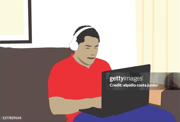 young black man working with his notebook - hispanic man computer stock illustrations
