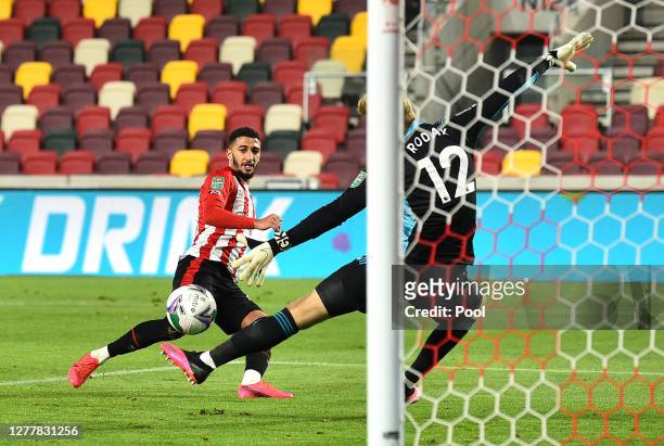 Said Benrahma of Brentford scores his team's second goal during the Carabao Cup fourth round match between Brentford and Fulham at Brentford...