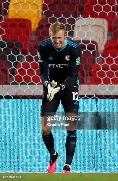 Marek Rodak of Fulham reacts to conceding his sides second goal during the Carabao Cup fourth round match between Brentford and Fulham at Brentford...