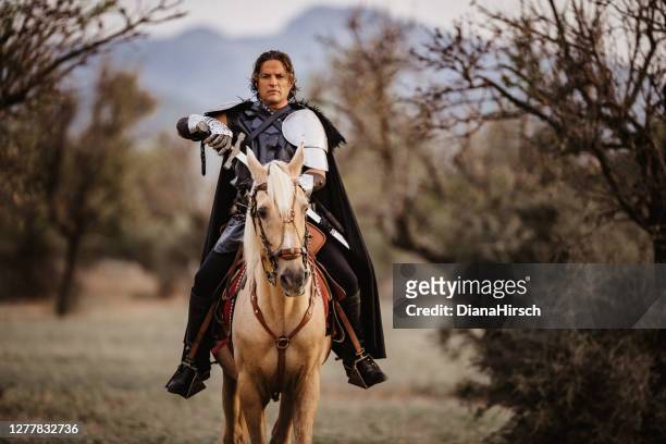 medieval fantasy knight drawing out his sword sitting on his palomino horse - majestic horse stock pictures, royalty-free photos & images