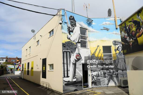 Colourful mural of WG Grace pictured on the buildings in the ground ahead of the T20 Vitality Blast Quarter Final match between Gloucestershire and...
