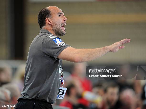 Volker Mudrow, head coach of Hildesheim gestures during the Toyota Handball Bundesliga match between TuS N-Luebbecke and Eintracht Hildesheim on...
