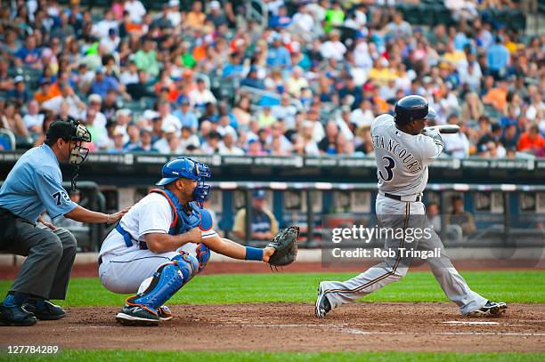 Yuniesky Betancourt of the Milwaukee Brewers bats during the game against the New York Mets at Citi Field on August 20, 2011 in the Flushing...