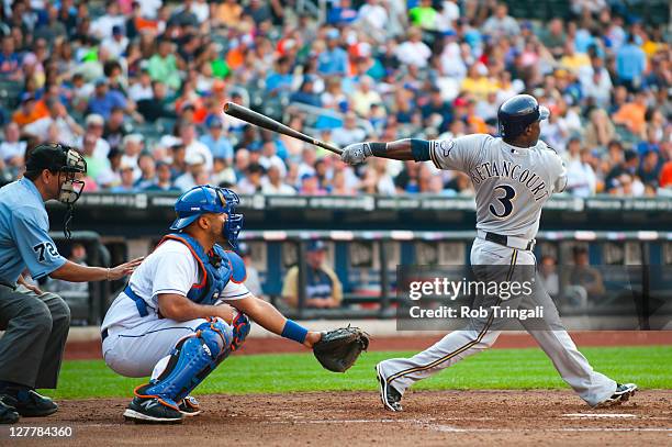 Yuniesky Betancourt of the Milwaukee Brewers bats during the game against the New York Mets at Citi Field on August 20, 2011 in the Flushing...