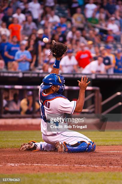 Ronny Paulino of the New York Mets fields his position during the game against the Milwaukee Brewers at Citi Field on August 20, 2011 in the Flushing...