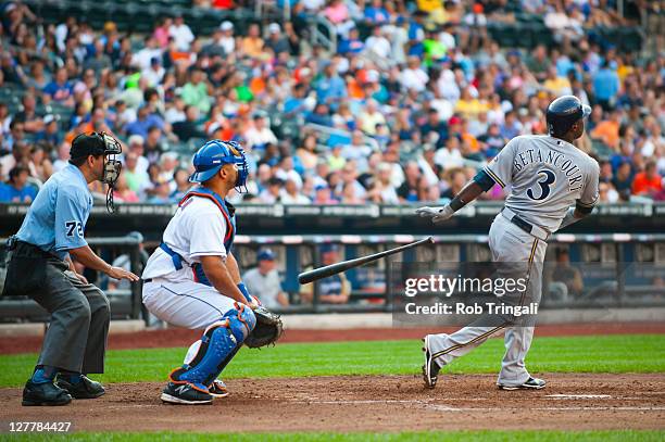 Yuniesky Betancourt of the Milwaukee Brewers bats during the game against the New York Mets at Citi Field on August 20, 2011 in the Flushing...