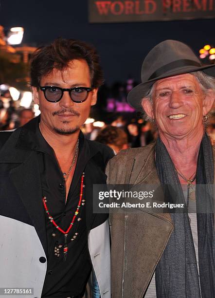 Actor Johnny Depp and actor/musician Keith Richards arrive at the world premiere of "Pirates Of The Caribbean: On Stranger Tides" at Disneyland on...