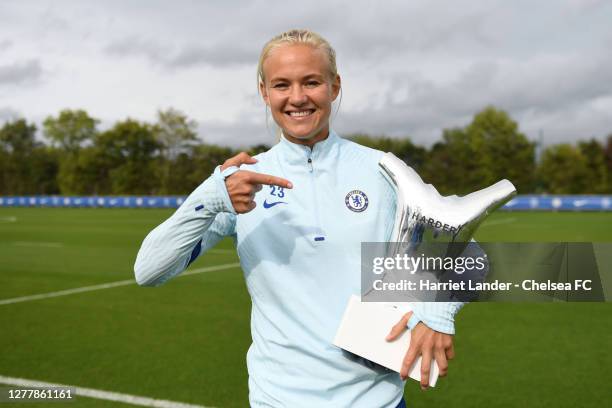 Pernille Harder of Chelsea poses for a photo with her UEFA Women's Player of the Year Award at Chelsea Training Ground on October 01, 2020 in Cobham,...