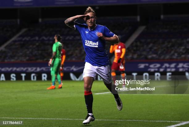 Scott Arfield of Rangers celebrates after scoring his team's first goal during the UEFA Europa League play-off match between Rangers and Galatasaray...