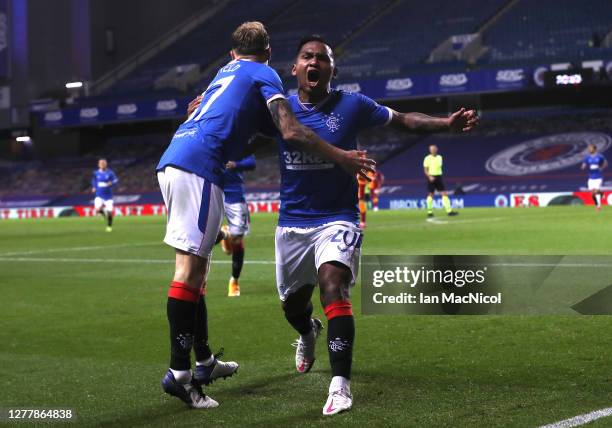 Scott Arfield of Rangers celebrates with Alfredo Morelos of Rangers after scoring his team's first goal during the UEFA Europa League play-off match...