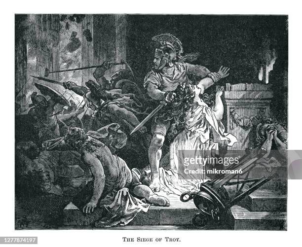 old engraved illustration of the siege of troy - troy stock-fotos und bilder