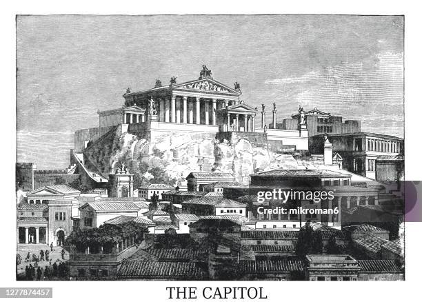 old engraved illustration of visual reconstruction of the temple of jupiter optimus maximus at olympia in ancient rome - fallen lord stock-fotos und bilder