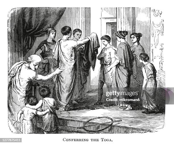 engraving illustration of a conferring the toga in ancient rome, roman boy being given a toga - traditional ceremony stock pictures, royalty-free photos & images