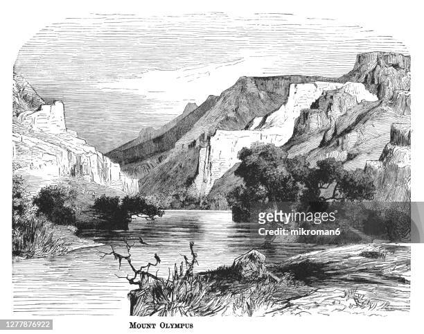 old engraved illustration of mount olympus, highest mountain in greece. - mount olympus greek stock pictures, royalty-free photos & images