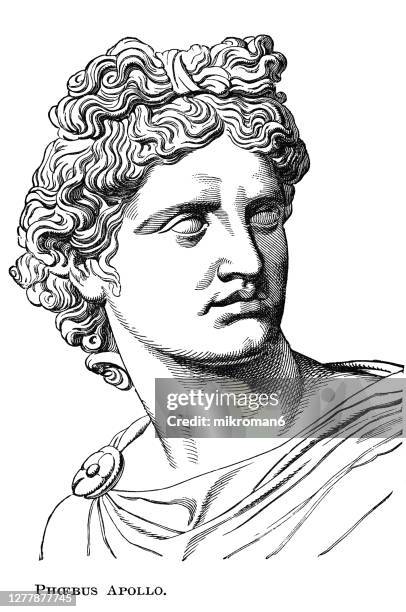 old engraved illustration of phoebus apollo, god of the sun - engraving of apollo stock pictures, royalty-free photos & images