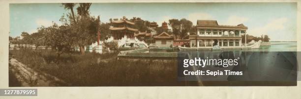 Stone boat in the Summer Palace, Beijing, China, LeMunyon, C. E., Hand-colored, oil?, gelatin silver, ca. 1910, The marble boat in Yihe Yuan was...