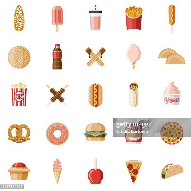 ilustraciones, imágenes clip art, dibujos animados e iconos de stock de conjunto de iconos de comida de carnaval - patatas fritas de churrería