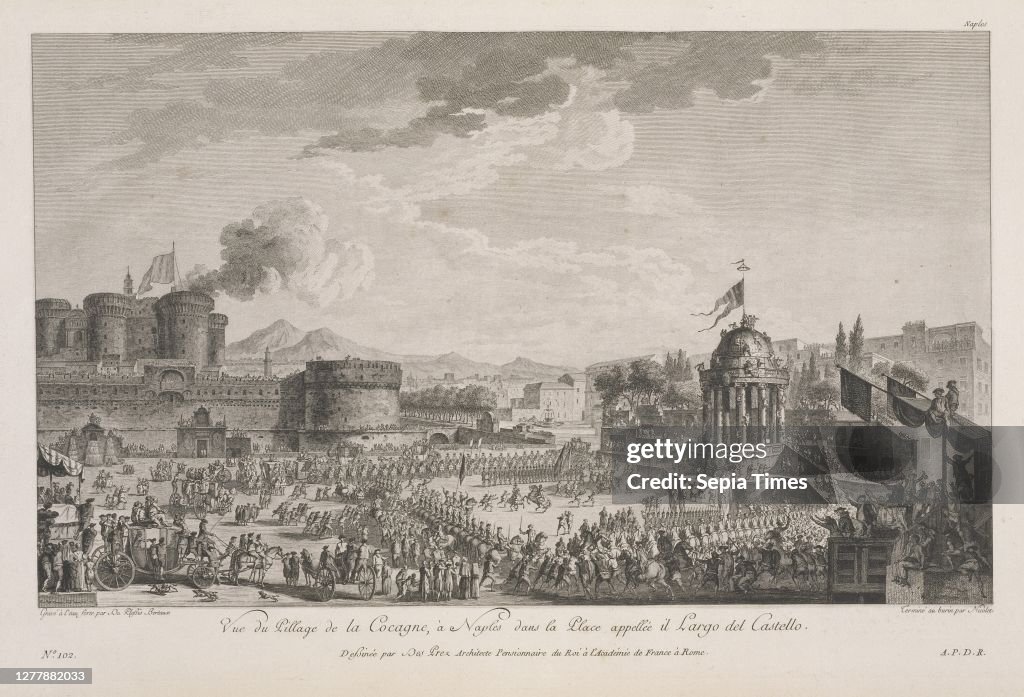 À Naples dans la place appellée il Largo del Castello, Vue du pillage de la cocagne, à Naples dans la place appellée il Largo del Castello, Voyage pittoresque, ou, Description des royaumes de Naples et de Sicile, Desprez, Louis-Jean, 1743-1804, Dupless
