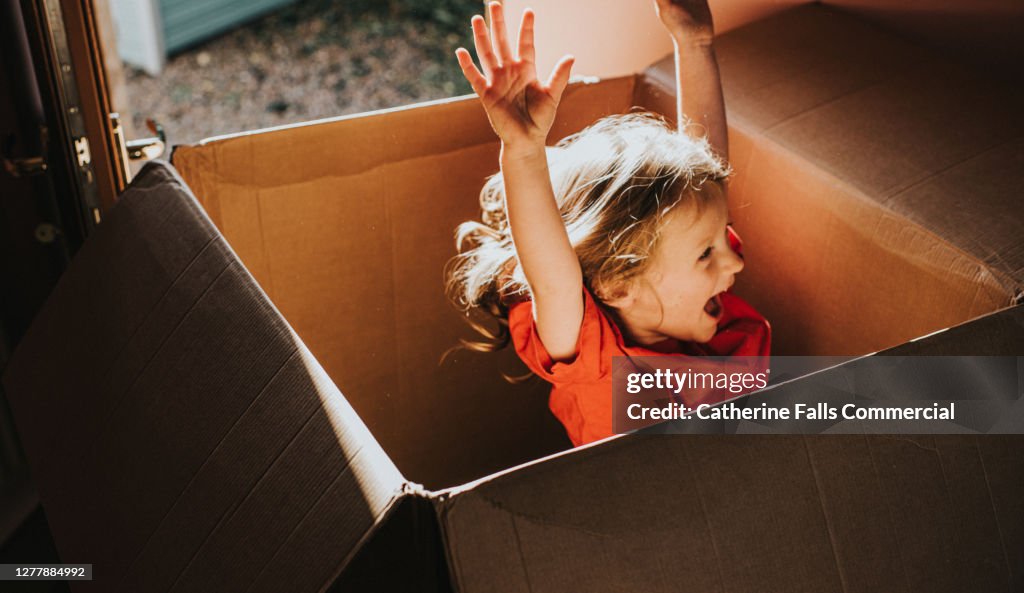 Excited little girl jumping inside a huge Cardboard Box
