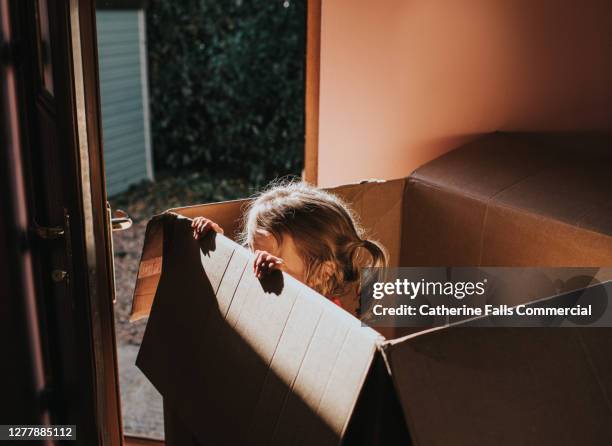 child peers out of a huge cardboard box, which obscures her face. - kid hide and seek stock pictures, royalty-free photos & images