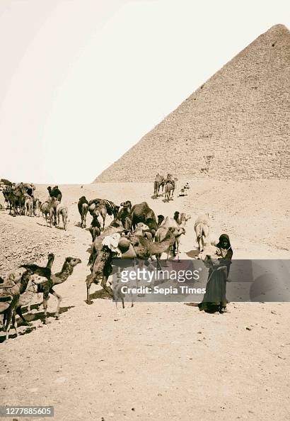 Egyptian views; The pyramids of Gizeh. Caravan of bedouins leaving pyramid 1900, Egypt, Jīzah, Jizah