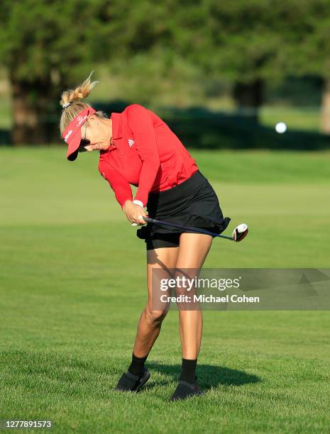 Natalie Gulbis hits her second shot on the 18th hole during the first round of the ShopRite LPGA Classic presented by Acer on the Bay Course at...