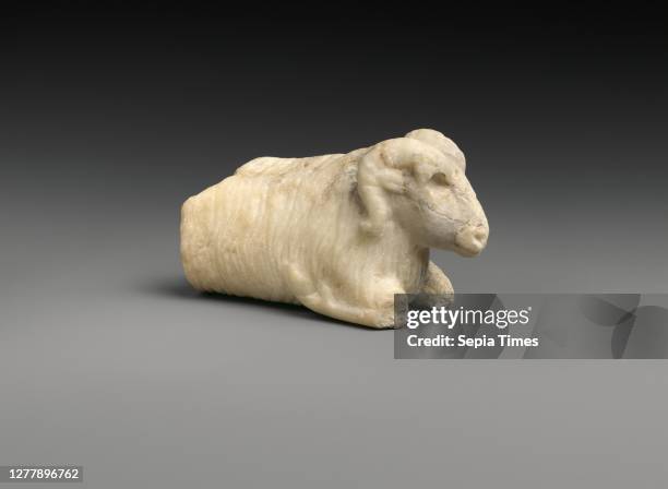 Ram with bitumen-lined socket, Sumerian, Early Dynastic IIIa, Date ca. 2600–2500 B.C., Mesopotamia, Nippur, Sumerian, Gypsum alabaster, bitumen, 2.2...