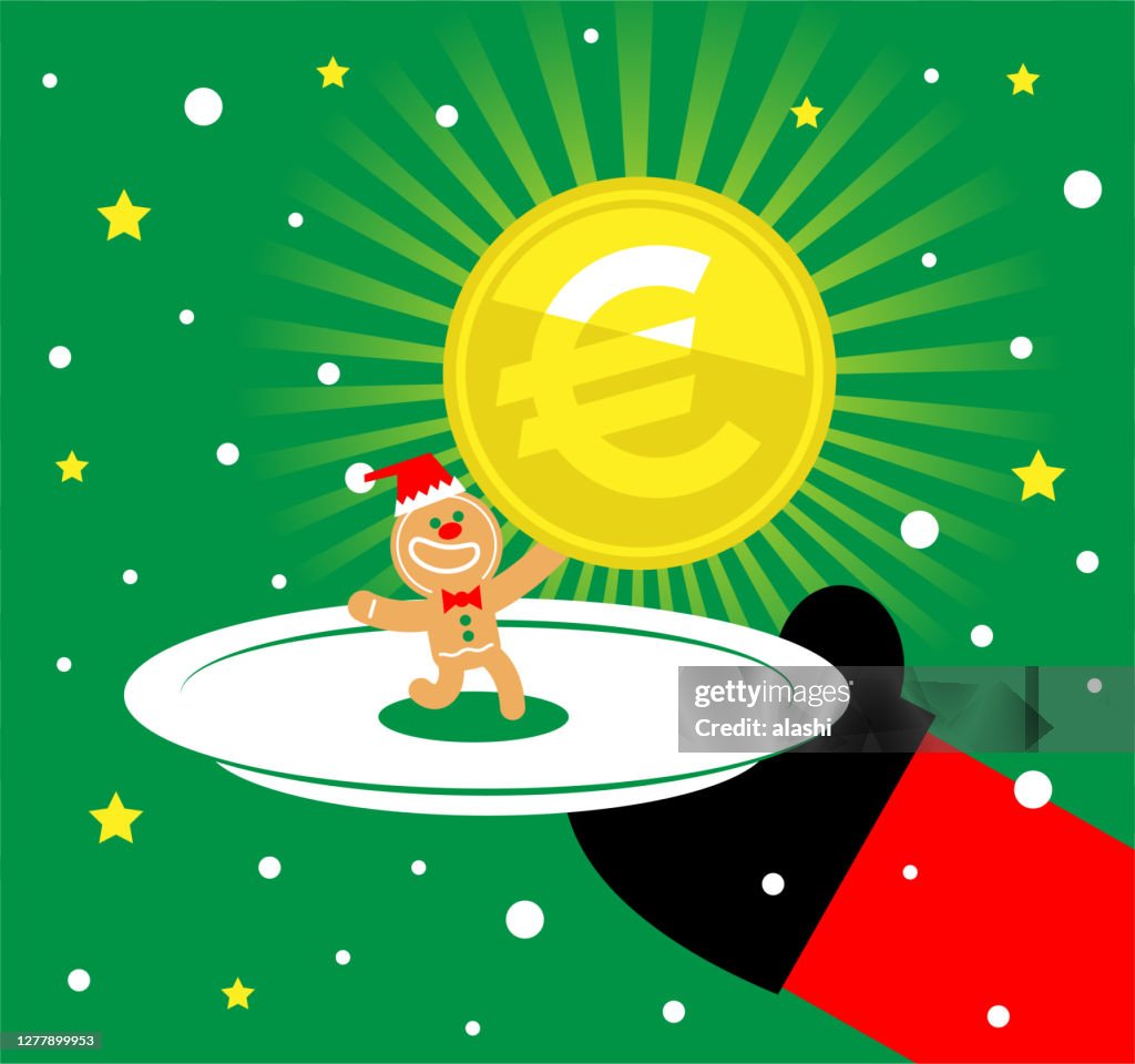 Santa Claus is serving a plate with a gingerbread man that is holding European Union currency (Euro sign coin)