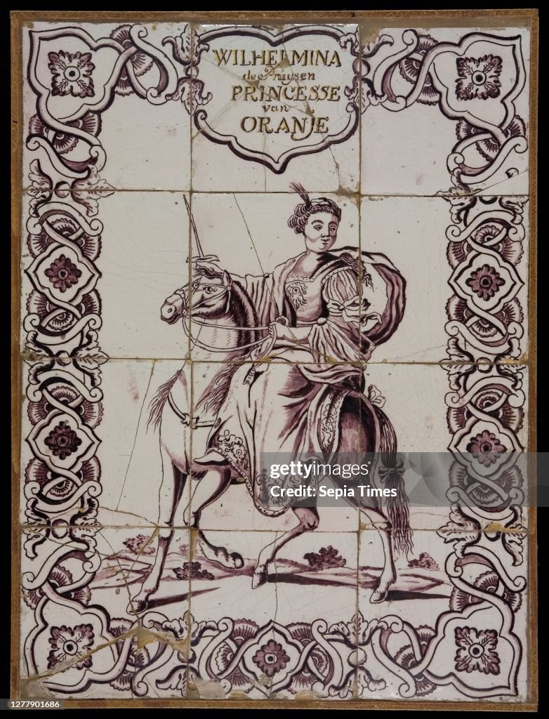 Tile panel, twelve tiles, purple on white, Wilhelmina de Pruysen, Princesse van Oranje on horseback, tile picture ceramic earthenware glaze, baked 2x glazed painted Three wide four high Yellow shard Wilhelmina de Pruysen Princesse of Orange Jerusalem Oran