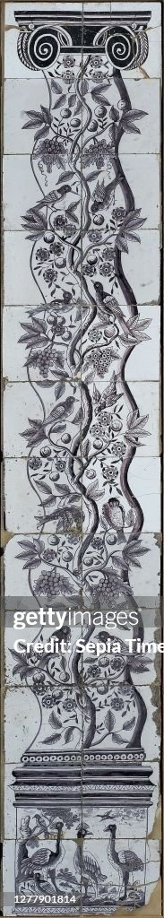 Purple tile pilaster, twisted column along which vine with apples and birds, tile pilaster sculpture ceramic earthenware glaze wood, baked 2x glazed painted Tiling pilaster two wide twelve high Rotterdam Originating from the chimney of the Westlandse Hypo