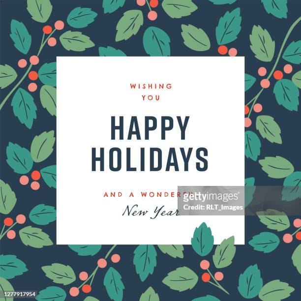 illustrazioni stock, clip art, cartoni animati e icone di tendenza di modello di design happy holidays con grafica botanica invernale vettoriale disegnata a mano - festività pubblica