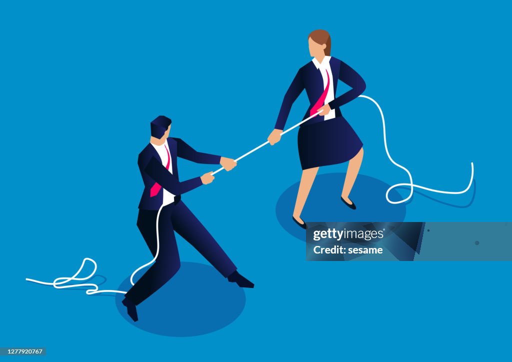 Male businessmen and businesswomen tug of war, competition between men and women