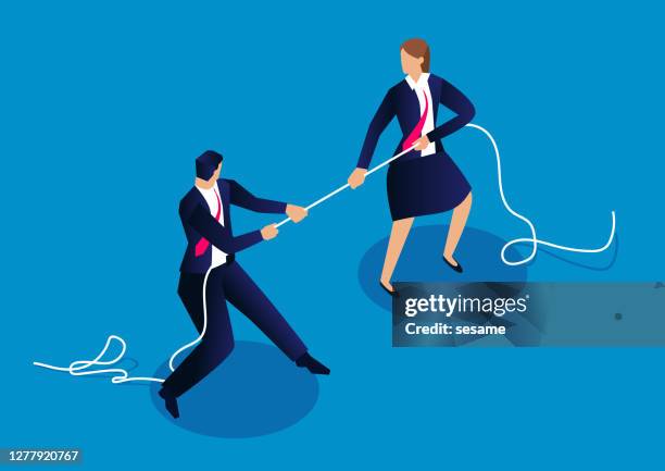 male businessmen and businesswomen tug of war, competition between men and women - clashes stock illustrations