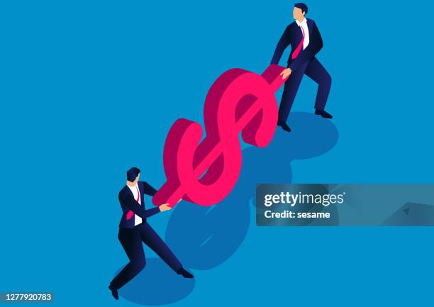 two businessmen fighting for dollar sign, concept of business competition - money decisions stock illustrations