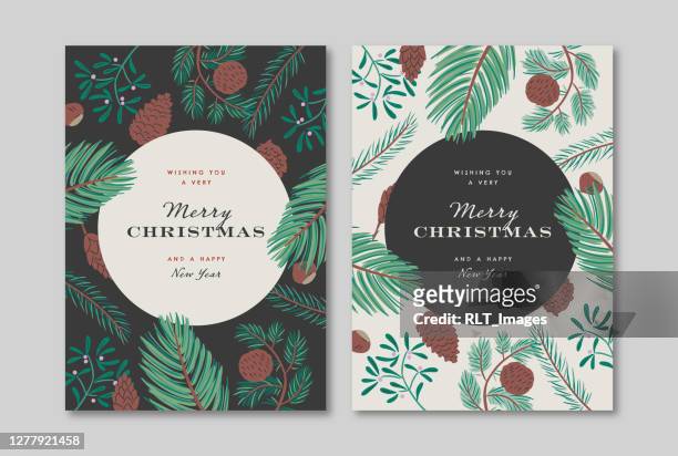 ilustrações, clipart, desenhos animados e ícones de modelo de design de cartão de boas-vindas de natal com gráficos de pinheiro de inverno - pinha pinha de conífera