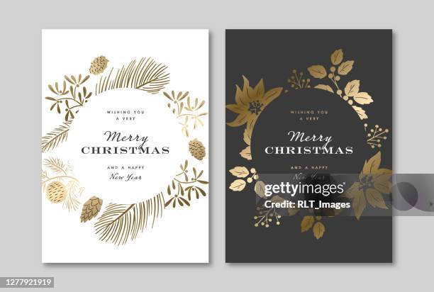 elegant holiday greeting card design template with metallic gold winter botanical graphics - evergreen forest drawing stock illustrations