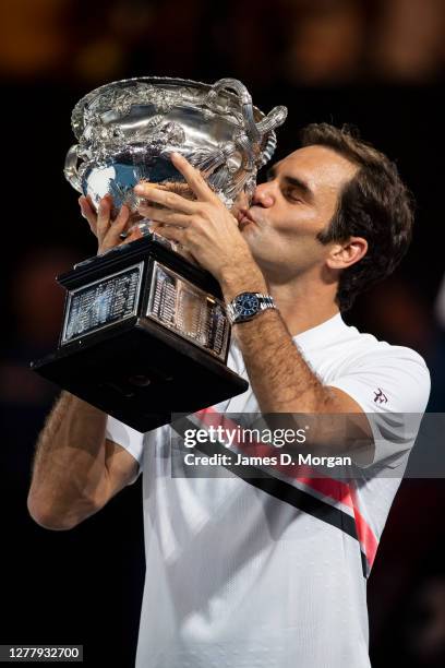 Roger Federer of Switzerland beats Marin Cilic of Croatia in the Australian Open men's tennis final on January 28, 2018 in Melbourne, Australia....