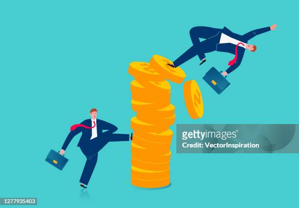 businessman kicked over his companion standing on top of stacked gold coins - the grass is always greener stock illustrations