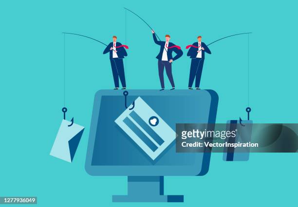 businessman standing on computer phishing stealing network information - internet scam stock illustrations