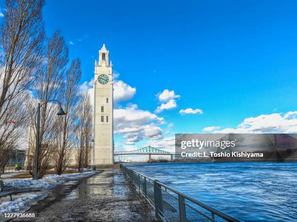 montreal clock tower in the winter - st lawrence river stock pictures, royalty-free photos & images