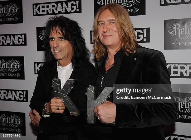 Alice Cooper with his Icon award and Joe Elliott from Def Leppard with their Inspiration award during The Relentless Energy Drink Kerrang! Awards at...