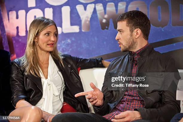 Actress Cameron Diaz and Justin Timberlake visit YoungHollywood.com to promote "Bad Teacher" at the Young Hollywood Studio on June 5, 2011 in Los...