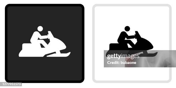 snowbike icon on black button with white rollover - snow mobile stock illustrations
