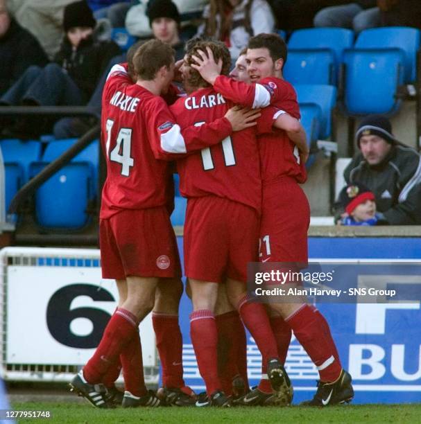 V ABERDEEN .RUGBY PARK - KILMARNOCK .The Aberdeen players swarm around goalscorer Kevin McNaughton after the defender notched the only goal of the...